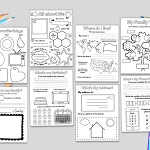 May include: Black and white printable worksheet set for kids to fill out about themselves, their family, and their home. The worksheets include sections for favorite things, birthday, address, phone number, and a family tree.
