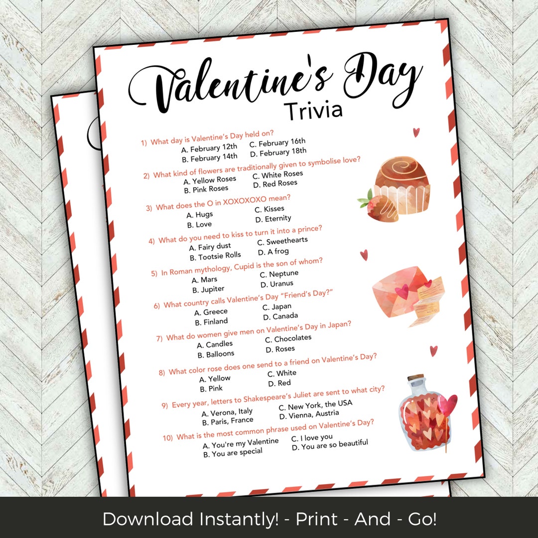 Trivia Printable Valentines Game for Kids Adults, Valentines Printable ...