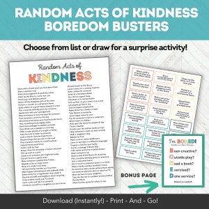 Activités pour actes de gentillesse au hasard, Combattre l'ennui pour les enfants et les familles, Cartes d'activités imprimables de la liste des seaux d'été, Activités d'été