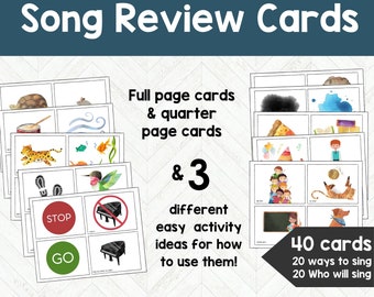 May include: A set of 40 colorful song review cards for kids. The cards feature illustrations of animals, objects, and activities. The cards are designed to help children learn and review songs. The text on the cards reads "Full page cards & quarter page cards & 3 different easy activity ideas for how to use them! 40 cards 20 ways to sing 20 Who will sing Download Instantly! - Print - And - Go!"