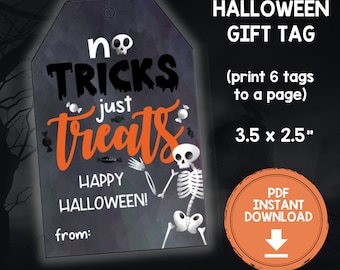 No Trick Just Treats Printable Halloween Treat Bag Gift Tag, Halloween Gift Tags, Halloween Favor Tags, Kids Halloween Birthday Party Favor