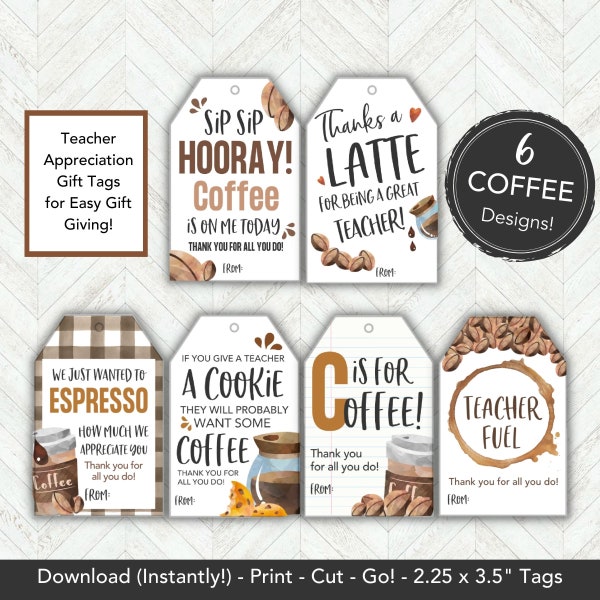 Coffee Teacher Appreciation Gift Tag, Preschool Teacher Gift Tags Printable Thank You Card, Thank You Gift Teacher, Gift for Teacher