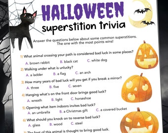 Superstition Trivia Game Printable, Halloween Party Games for Kids and Adults, Easy Halloween Games for Classroom, Halloween Trivia Game