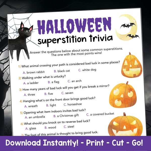 Superstition Trivia Game Printable, Halloween Party Games for Kids and Adults, Easy Halloween Games for Classroom, Halloween Trivia Game