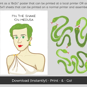 Könnte beinhalten: Ein druckbares Spiel namens "Pin the Snake on Medusa". Das Spiel zeigt eine Comic-Illustration von Medusa mit grünen Haaren und einer weißen Toga. Es gibt sechs grüne Schlangen mit roten Zungen, die auf Medusa gesteckt werden können.