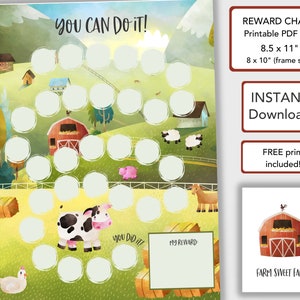 May include: A printable reward chart featuring a farm scene with a cow, chickens, pigs, and hay bales. The chart has 25 circles for stickers or checkmarks. The text "You Can Do It!" is at the top of the chart. The text "My Reward" is at the bottom of the chart. The text "You Did It!" is next to the cow. The chart is 8.5 inches by 11 inches and is available for instant download.