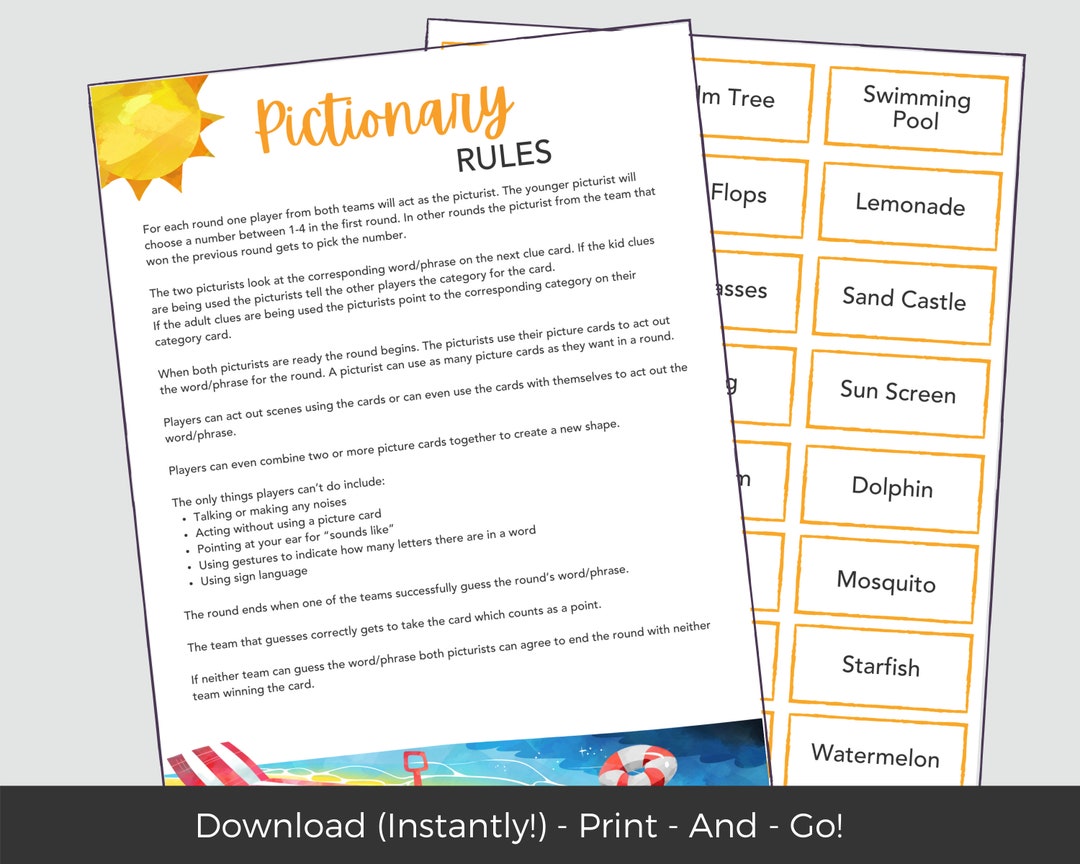 Summer Pictionary Printable Games for Kids Fun Summer - Etsy