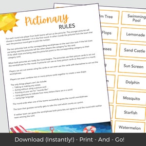 Summer Pictionary, Printable Games for Kids, Fun Summer Activities, Summer Vacation Car Games, Family Travel Activities, Instant Download