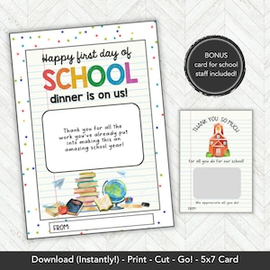 First Day of School Teacher Gift Card Holder Printable, Dinner Is On Us Teacher Gift, Back to School Thank You Card from Student or Parent