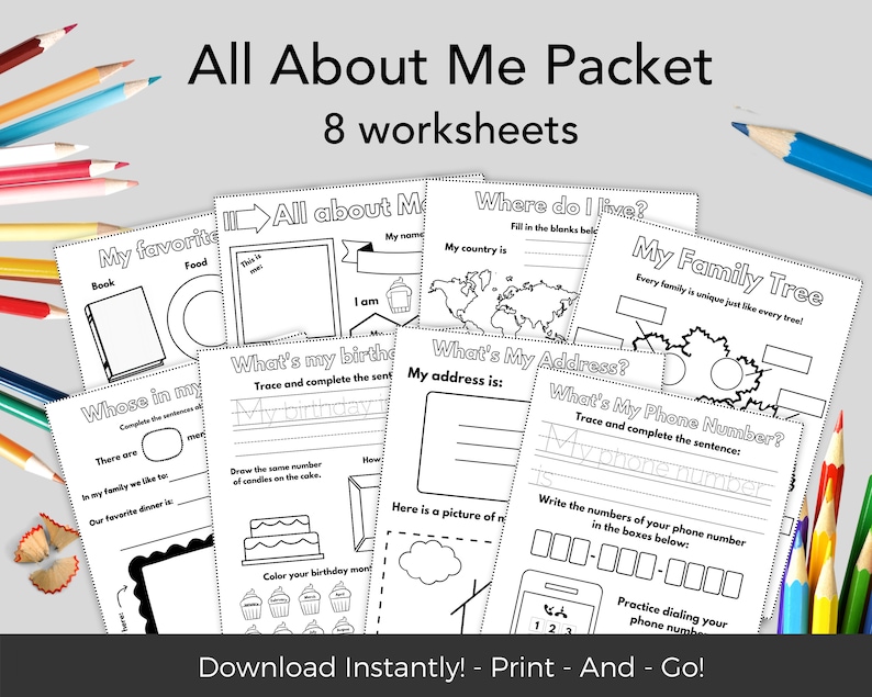 May include: A set of eight black and white printable worksheets for kids to fill out about themselves. The worksheets include prompts like "My Favorite Book", "My Favorite Food", "Where Do I Live?", "What's My Birthday Month?", "What's My Address?", "What's My Phone Number?", "Whose in My Family?" and "My Family Tree".