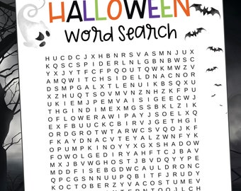 May include: A printable Halloween word search puzzle with a black and white ghost and bats on a white background. The puzzle features the words: spider, witch, ghost, bat, candy, costume, pumpkin,  and more. The words are hidden in a grid of letters. Download Instantly! - Print - Cut - Go!