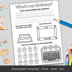 My Birthday Worksheet,  Kindergarten Worksheets, Homeschool Activities, About Me Template, Preschool Binder Printables 1st 2nd 3rd 4th