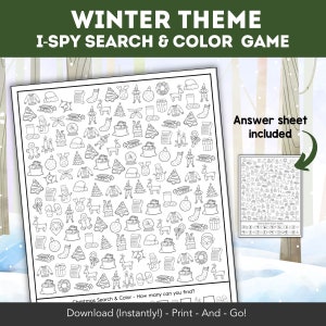 Winter I Spy Kids Activity, I Spy Coloring Page Worksheet Activity, Winter Printable Activities, Learn to Count, Look and Find Math Game