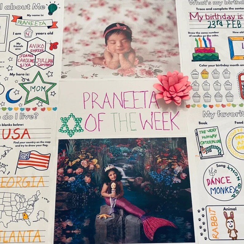 May include: A colorful printable worksheet for a child's weekly report card. The worksheet includes a photo of a baby girl, a photo of a girl dressed as a mermaid, and a photo of a girl holding a doll. The worksheet also includes a section for the child's name, age, friends, hero, and favorite book, song, food, and animal. The worksheet is titled "Praneeta of the Week".