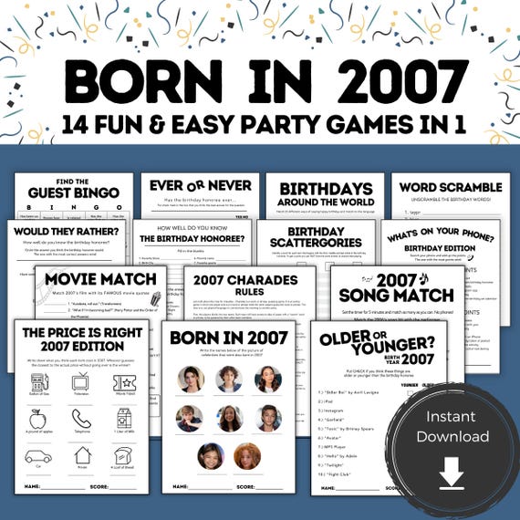 Printable 18th Birthday Games for Him or Her, 18th Birthday Ideas, Born in 2007, 18th Birthday Party Game, 18th Birthday for Men Women