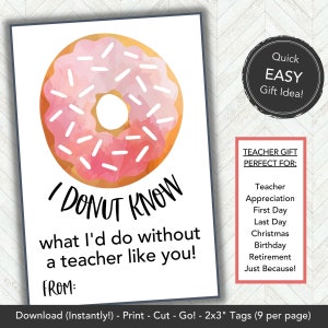 Donut-Geschenkanhänger für Lehrer, Geschenkanhänger für Vorschullehrer, druckbare Dankeskarte, Dankesgeschenk für Lehrer, Geschenk für Lehrer