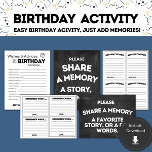 Può includere: Carte di attività di compleanno stampabili in bianco e nero con il testo "Per favore, condividi un ricordo, una storia o poche parole." e "Ricorda quando..." con righe per scrivere.
