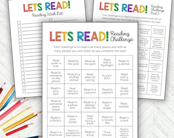 Puede incluir: Una tarjeta de bingo de desafío de lectura imprimible con un borde de color arcoíris. La tarjeta tiene una cuadrícula de 16 casillas con diferentes desafíos de lectura, como "Leer bajo un árbol", "Leer a un animal de peluche", "Leer en pijama", "Leer con un amigo", "Leer en la casa de otra persona", "Leer en una biblioteca", "Leer en una casa de juegos", "Leer a un abuelo/a una persona mayor", "Leer a un insecto", "Leer junto a una fogata", "Leer con un disfraz", "Leer a un hermano/hermana/niño pequeño", "Leer mientras comes un bocadillo", "Leer a la sombra", "Leer en un día nublado", "Leer en una tienda de campaña", "Leer al aire libre", "Leer a alguien de un estado diferente", "Tu elección".