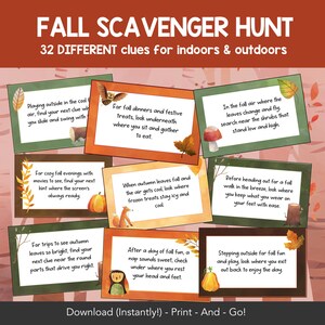 Tarjetas imprimibles de búsqueda del tesoro de otoño, búsqueda del tesoro en interiores y exteriores, pistas de búsqueda del tesoro para niños adultos y adolescentes, juego de fiesta de otoño