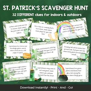 Puede incluir: Un conjunto de 32 tarjetas de b&uacute;squeda del tesoro imprimibles con tem&aacute;tica del D&iacute;a de San Patricio. Las tarjetas presentan tr&eacute;boles verdes, arco&iacute;ris y monedas de oro. Cada tarjeta tiene una pista diferente para una b&uacute;squeda del tesoro, con instrucciones para encontrar la siguiente pista.