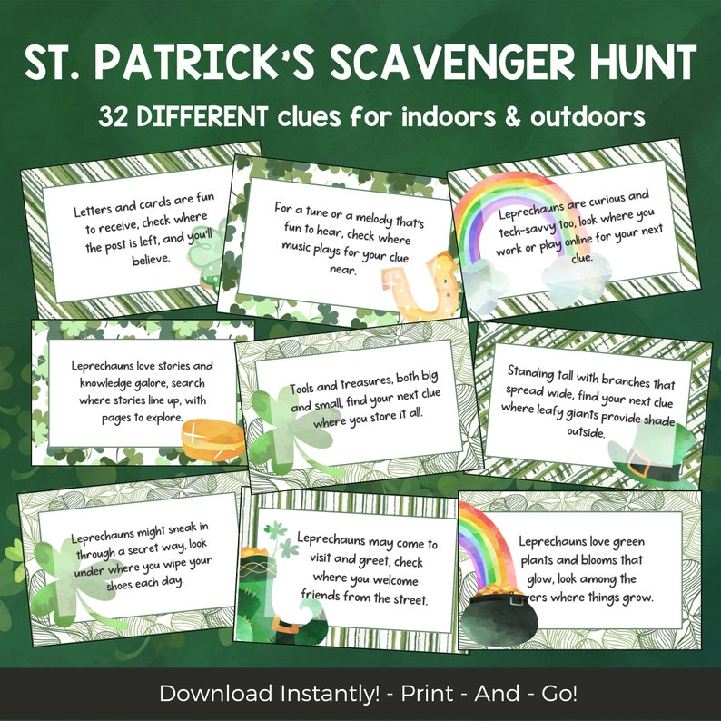 Puede incluir: Un conjunto de 32 tarjetas de b&uacute;squeda del tesoro imprimibles con tem&aacute;tica del D&iacute;a de San Patricio. Las tarjetas presentan tr&eacute;boles verdes, arco&iacute;ris y monedas de oro. Cada tarjeta tiene una pista diferente para una b&uacute;squeda del tesoro, con instrucciones para encontrar la siguiente pista.