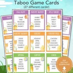 Gioco Taboo di Pasqua, divertente gioco stampabile di Pasqua per bambini in family office, giochi per feste per bambini adulti, gioco di parole pasquale, attività pasquali
