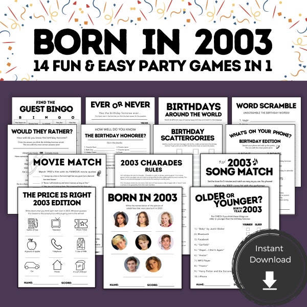 Printable 21st Birthday Games for Him Her, 21st Birthday Ideas, Born in 2003, 21st Birthday Party Game, 21st Birthday for Men Women