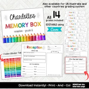 May include: A printable memory box template for students in grades reception through 12th grade. The template includes a cover page with a colorful pencil design and the text "Charlotte's Memory Box" and "reception - grade 12". The template also includes pages for each grade level, with sections for "About Me", "My Favorites", and "It's the last day!" The template is editable using Canva.