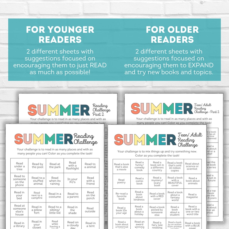 May include: A printable summer reading challenge for kids and adults. The challenge is to read in as many places and with as many people as possible. The challenge includes a grid with different reading scenarios, such as reading under a tree, reading to a stuffed animal, reading in a costume, reading to a parent, reading on the porch, reading outside, reading in a tent, reading a book 10x your age, reading a book about a holiday, reading an award-winning book, reading a fairy tale retelling, reading a book by an author from another country, reading a book with a blue cover.
