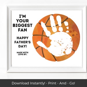 Biglietto stampabile per la festa del papà, artigianato per impronte di mani di pallacanestro per grandi appassionati, regalo fai da te per l'arte delle impronte di mani di papà, regalo significativo per il papà dall'idea dei bambini