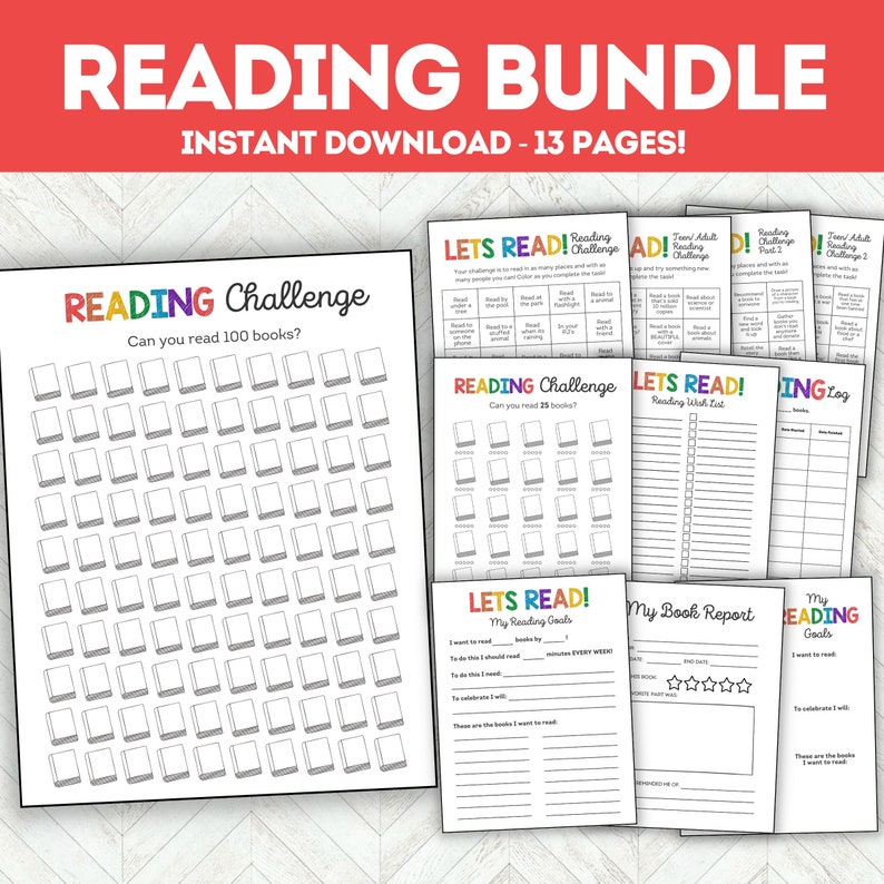 May include: A printable reading bundle with 13 pages. The bundle includes reading challenges, reading logs, and book report templates. The pages are designed with a colourful rainbow theme.