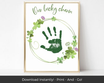 Printable St Patricks Day Craft, Shamrock Handprint Crafts, Holiday Handprint Craft for Kids, Four Leaf Clover Preschool Toddler Activities