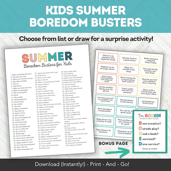 Boredom Busters for Kids and Families, Printable Summer Bucket List Activity Cards,  Kids Summer Schedule, Childrens Summer Activities