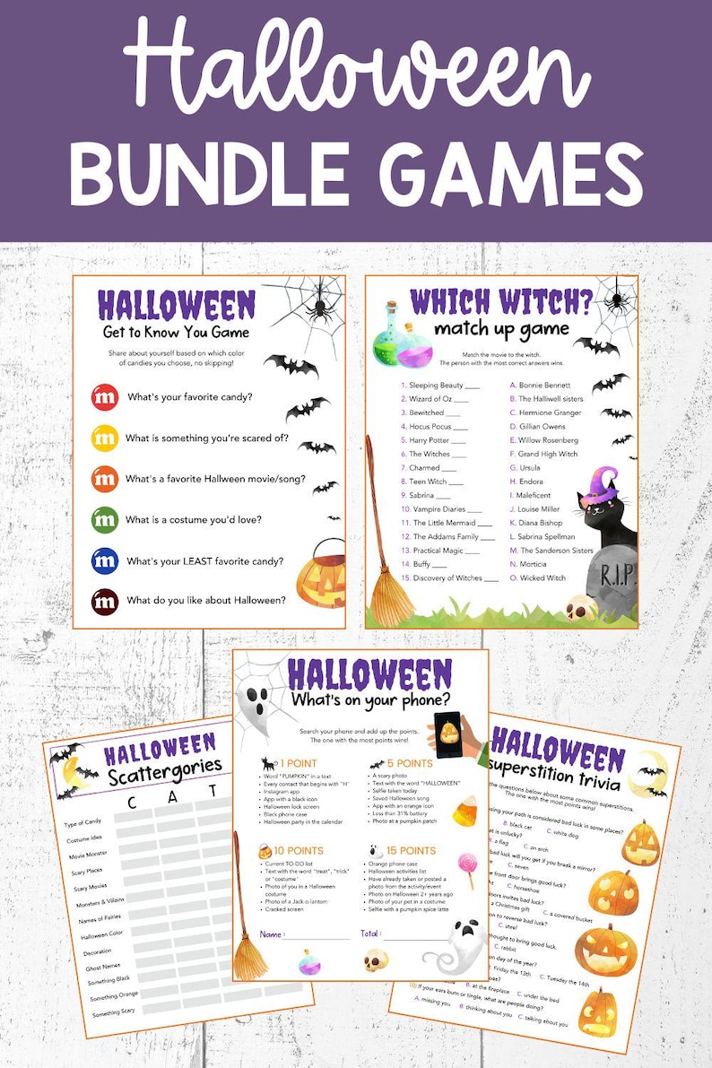 May include: A set of printable Halloween party games. The games include "Halloween Get to Know You Game", "Which Witch Match Up Game", "Halloween Scattergories", "Halloween What's on Your Phone", and "Halloween Superstition Trivia".
