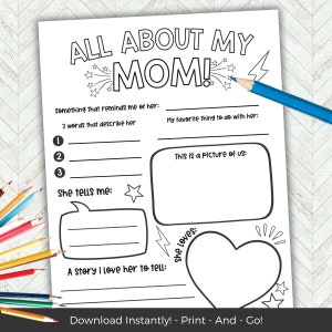 Plantilla imprimible de preguntas sobre mi mamá, cuestionario para el Día de la Madre, regalo para niños para el Día de la Madre, cumpleaños o Navidad.