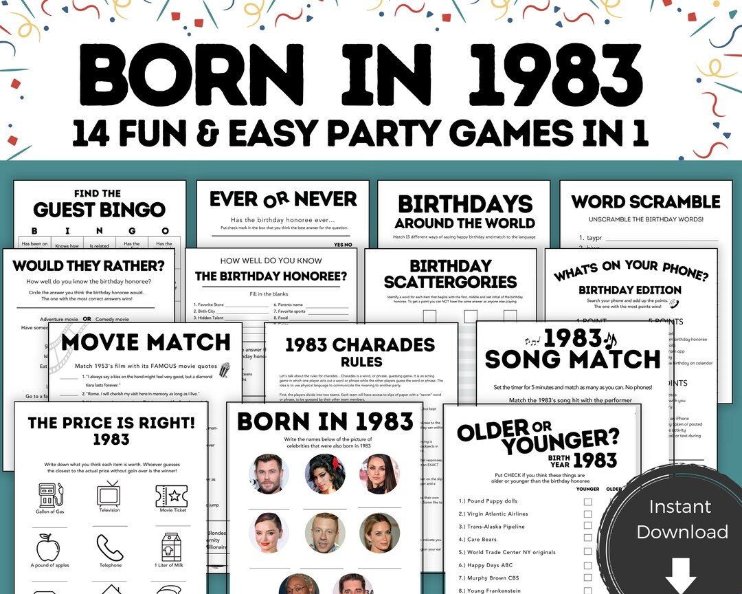 Printable 40th Birthday Games 40th Birthday Party Games 1983 - Etsy