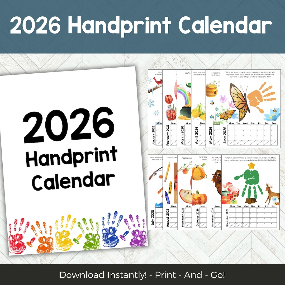 Handprint Calendar 2026, Preschool Handprint Art Printable, 1st Grade