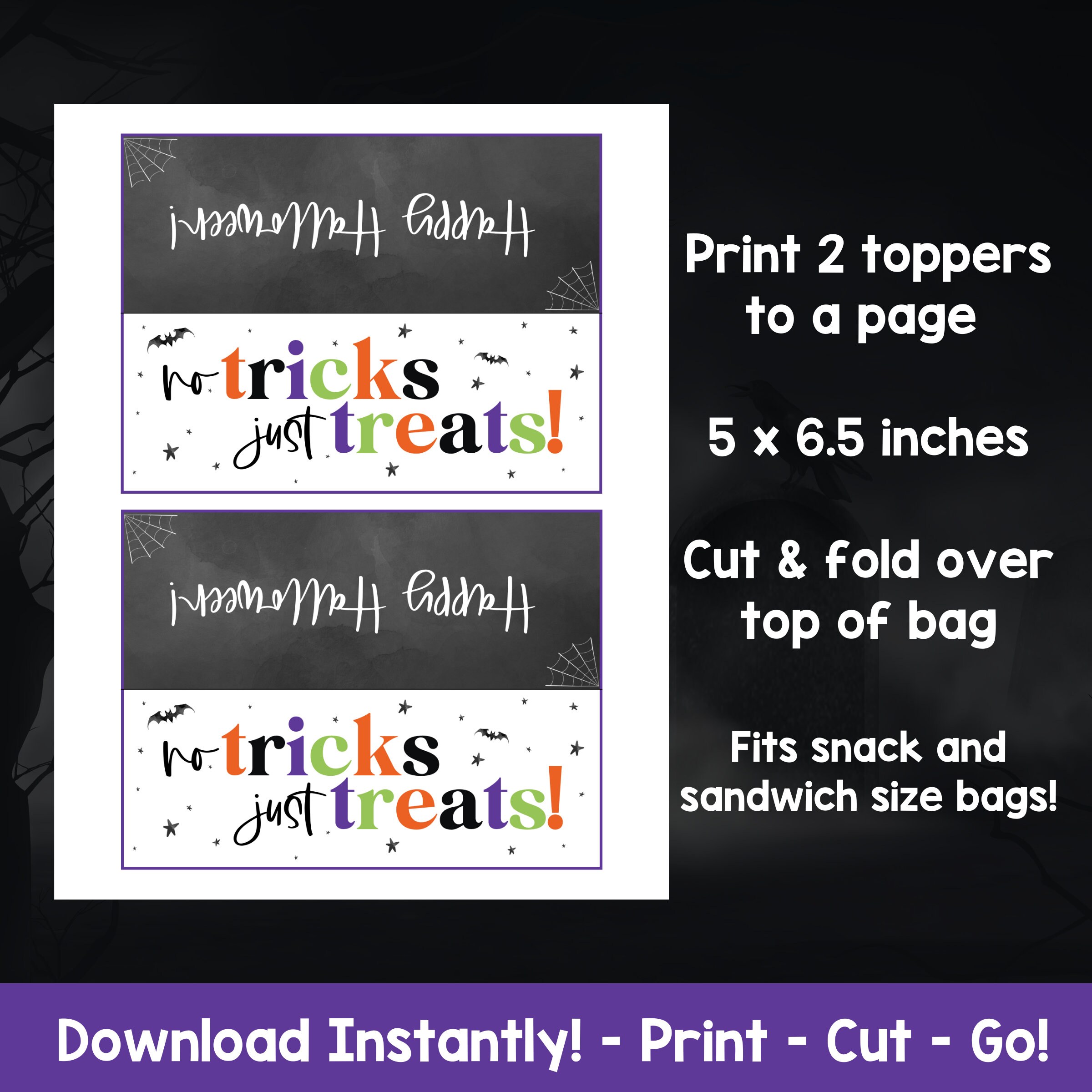 No Tricks Just Treats Tag, Printable Halloween Treat Bag Topper, Goodie ...