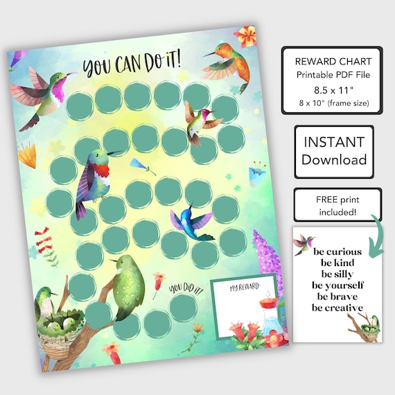 Humming Bird Kids Reward Chart Printable, Potty Training Chart, Sticker Chart Printable, Reading Chart or Potty Chart, Toddler Reward Chart