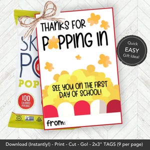 Popcorn Gift Tag Printable, Thanks for Popping In Tag, Back to School Treat Tag, Meet the Teacher Favor, First Day of School Handout