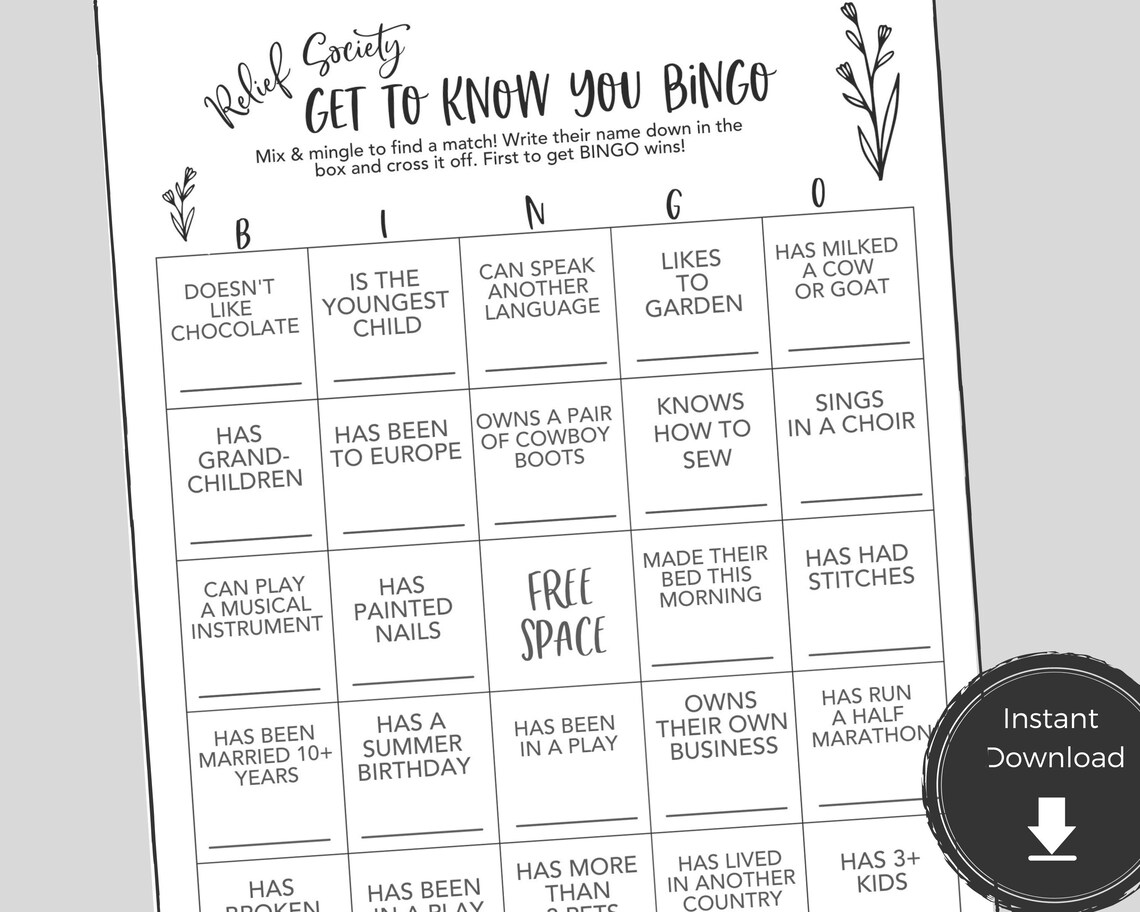 RELIEF SOCIETY Activity Game Activity Printable Bingo Get to Etsy