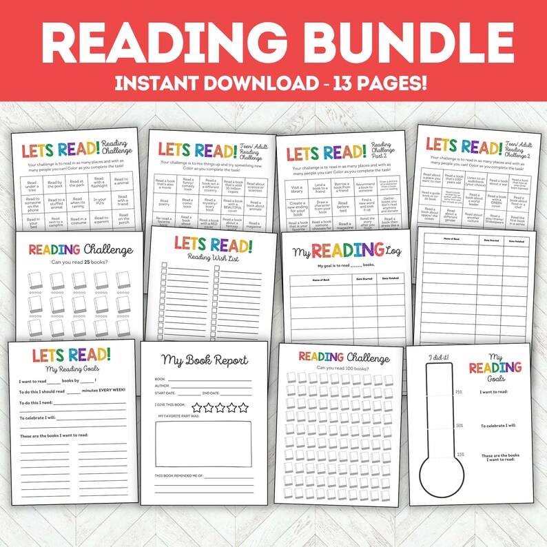 May include: A printable reading bundle with 13 pages of colourful worksheets and trackers. The pages include reading challenges, reading logs, book reports, and reading goals. The pages are designed to help children and adults track their reading progress and set reading goals.