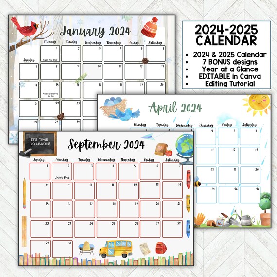 2024 Calendar, Kids Calendar Printable, Calendar 2024, Monthly