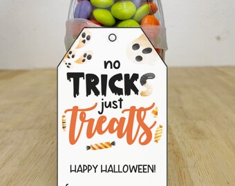 No Trick Just Treats Printable Halloween Treat Bag Gift Tag, Halloween Gift Tags, Halloween Favor Tags, Kids Halloween Birthday Party Favor