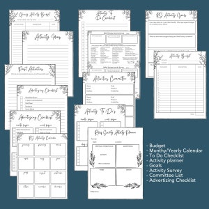 May include: A collection of printable planner pages with floral accents. The pages include sections for budgeting, checklists, activity planning, and goal setting. Text includes "Yearly Activity Budget", "Activity Ideas", and "Advertising Checklist".