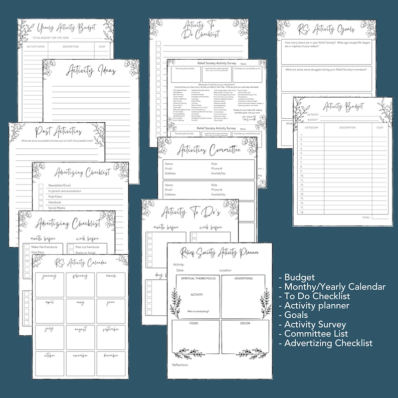May include: A collection of printable planner pages with floral accents. The pages include sections for budgeting, checklists, activity planning, and goal setting. Text includes "Yearly Activity Budget", "Activity Ideas", and "Advertising Checklist".