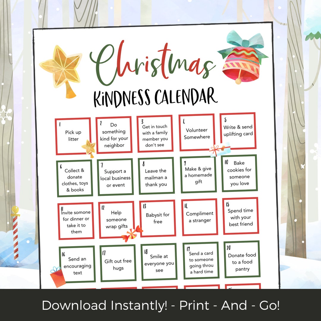Kindness Christmas Advent Calendar for Kids and Adults, Printable