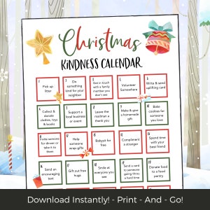 Kindness Christmas Advent Calendar for Kids and Adults, Printable Christmas Countdown, Countdown to Christmas, Christian Advent Calendar