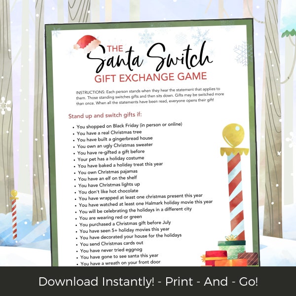 Santa Switch Christmas Party Games, White Elephant Gift Exchange, Printable Christmas Games for Families Parties, Christmas Activity Ideas