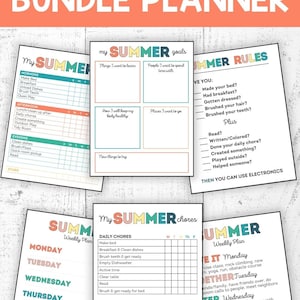 May include: A printable summer planner with colorful borders and text. The planner includes sections for daily chores, weekly plans, summer goals, and summer rules. The text includes phrases like "My Summer", "Summer Goals", "Summer Rules", "Summer Chores", and "Summer Weekly Plan".